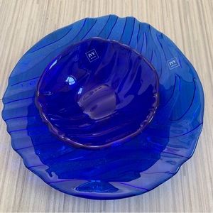 Set of Two Blue Cobalt Glass Pieces (Platter & Bowl) by IVV in perfect condition